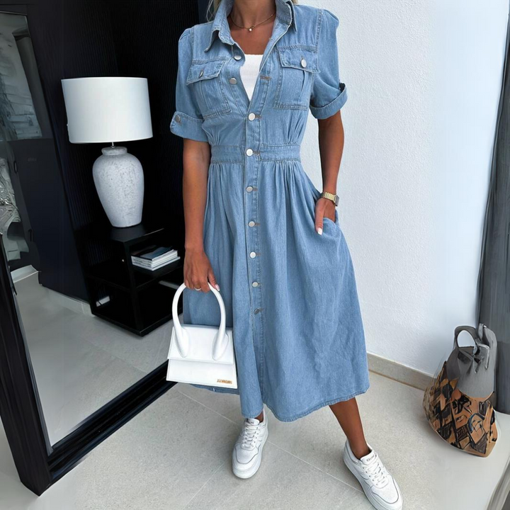 Trendy Women's DenimCharm short sleeve button-front dress. Stylish & comfortable casual summer wear.