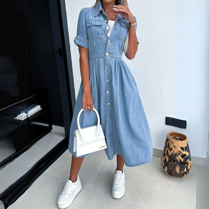 Trendy women's short sleeve denim dress. Versatile button-front style for casual summer outfits & comfort.