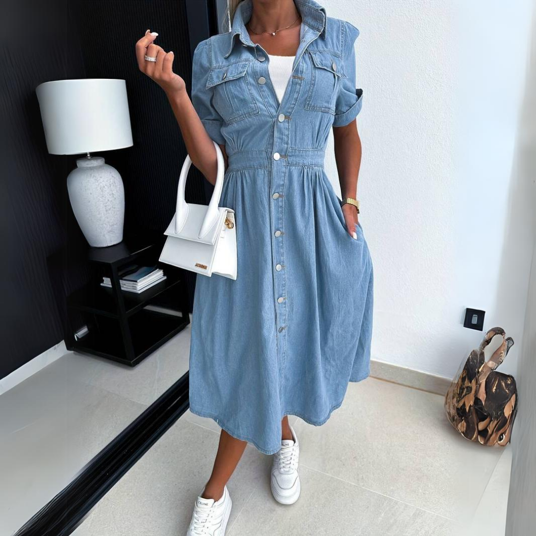 DenimCharm women's button-front short sleeve dress. Casual, stylish denim apparel perfect for summer comfort.
