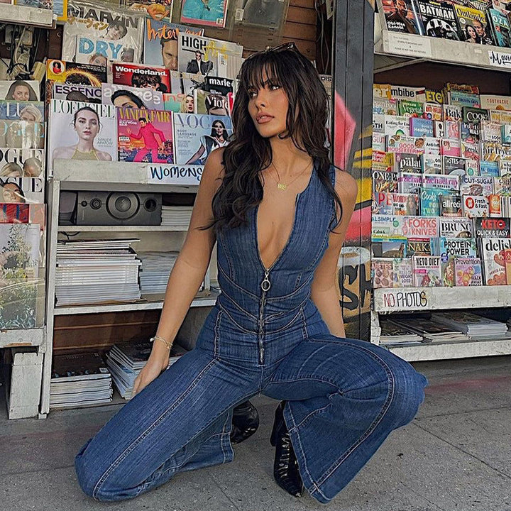 "Trendy women's denim jumpsuit with a flattering fit, showcasing soft fabric and versatile style for casual or formal wear."