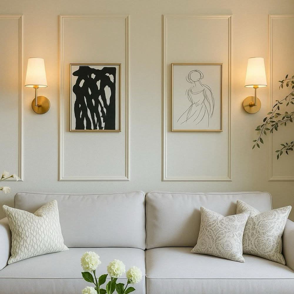 Two wireless wall sconces with dimmable fabric shades. Perfect cordless lamps for modern bedroom or hallway lighting.