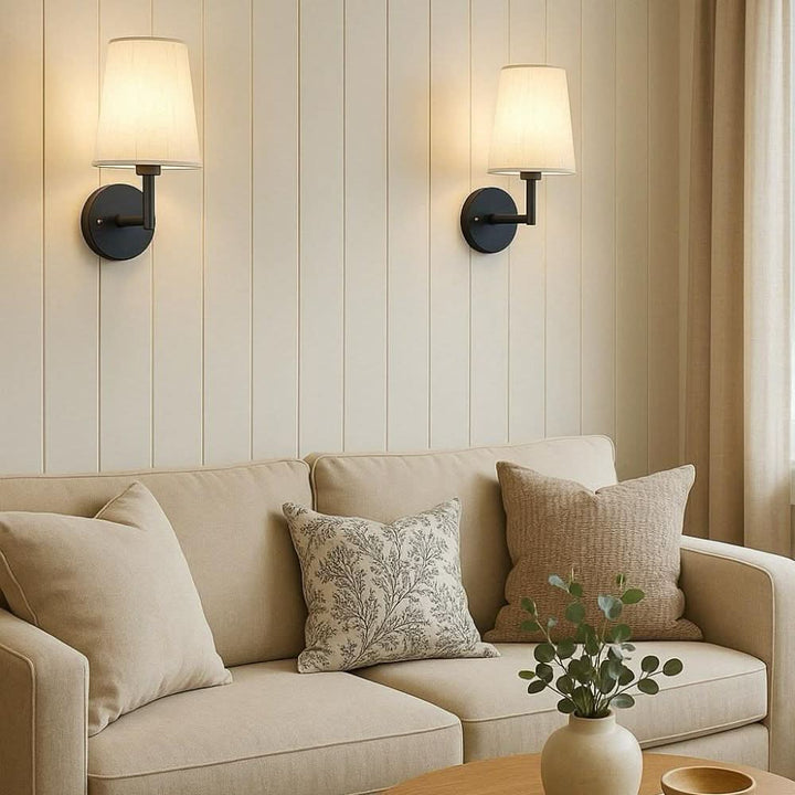 Modern elegant wireless wall sconce 2-pack with fabric shades. Cordless home decor lamps for stylish bedroom or hallway.