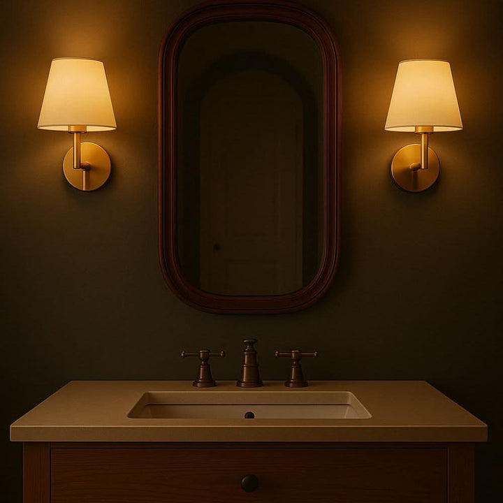 Battery-powered wireless wall sconce lamps, 2-pack. Dimmable fabric shades and remote control for flexible home lighting.