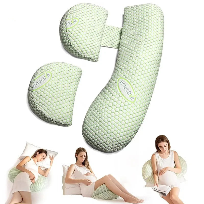 "U-shaped maternity pillow for pregnancy support, soft ergonomic design, offers full body comfort for back, belly, and legs."