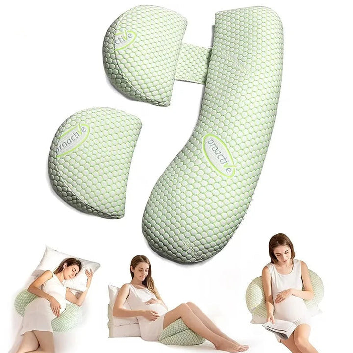 "U-shaped maternity pillow for pregnancy support, soft ergonomic design, offers full body comfort for back, belly, and legs."