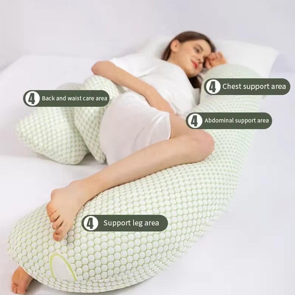 "U-shaped maternity pillow for pregnancy support, soft ergonomic design, offers full body comfort for back, belly, and legs."