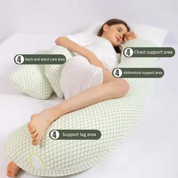 "U-shaped maternity pillow for pregnancy support, soft ergonomic design, offers full body comfort for back, belly, and legs."
