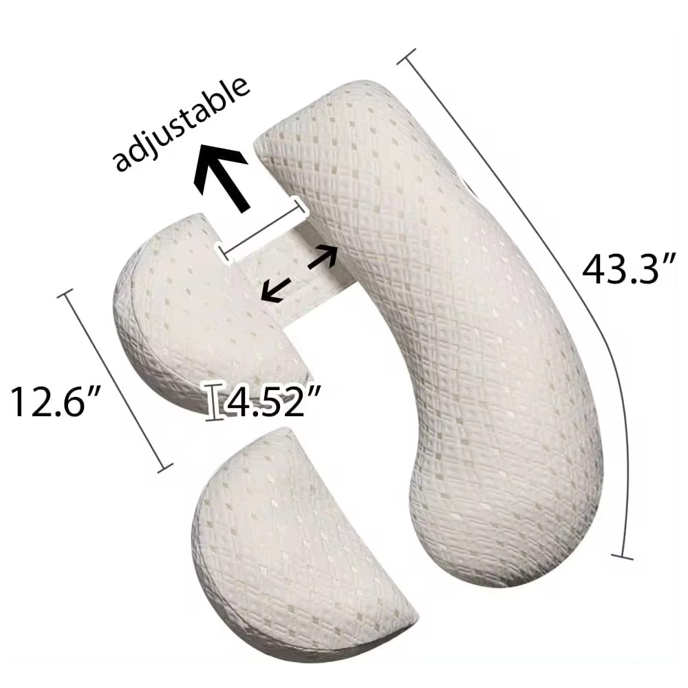 "U-shaped maternity pillow for pregnancy support, soft ergonomic design, offers full body comfort for back, belly, and legs."