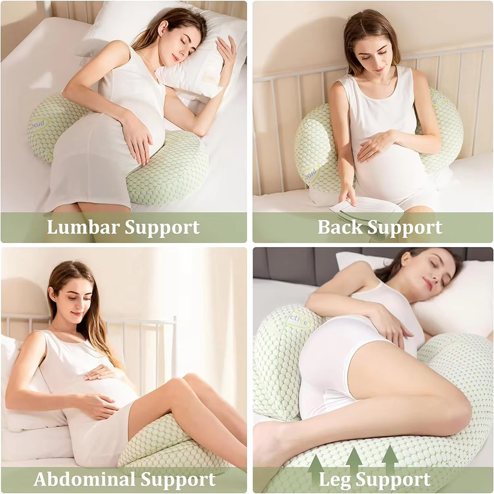 "U-shaped maternity pillow for pregnancy support, soft ergonomic design, offers full body comfort for back, belly, and legs."