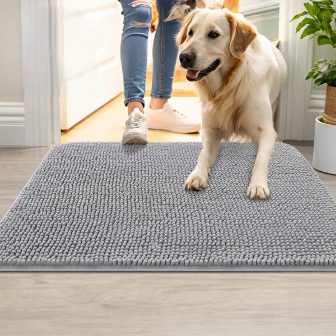 Ultra-absorbent dog mat for wet paws & mud. Non-slip, washable chenille door mat, perfect for pets.