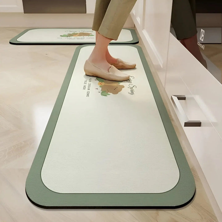 Premium non-slip, ultra-absorbent kitchen mat. Easy clean PVC comfort for floor protection & modern kitchen decor.