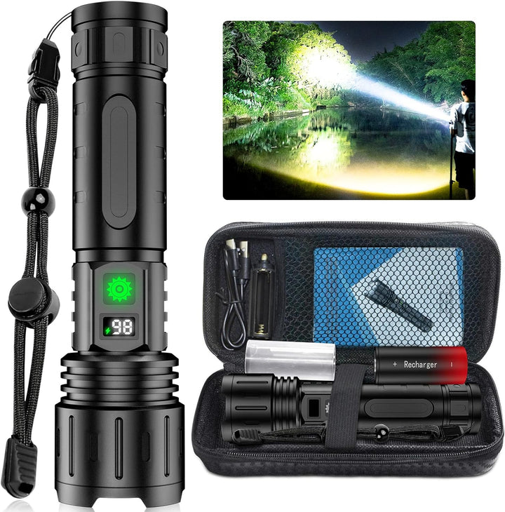High-power water-resistant LED torch, 100,000 lumen, ideal for outdoor gear, hiking & emergency.