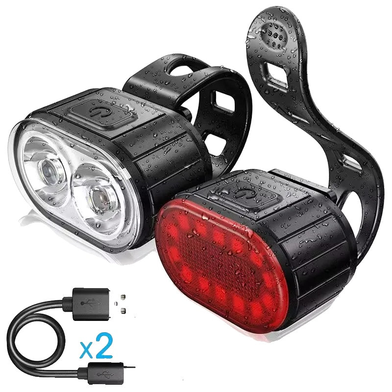 Ultra Bright USB rechargeable bicycle light set. Waterproof front & rear LED lights for enhanced cycling safety.