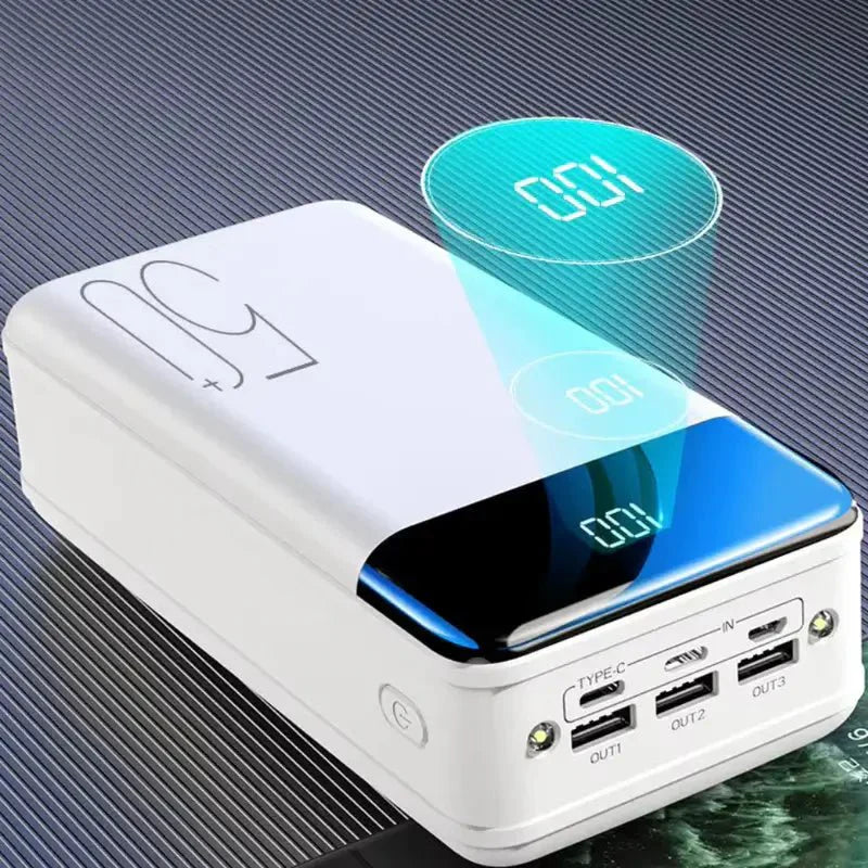 Ultra capacity 50K mAh power bank with versatile use, shown in sleek design and compact size for portable charging needs.