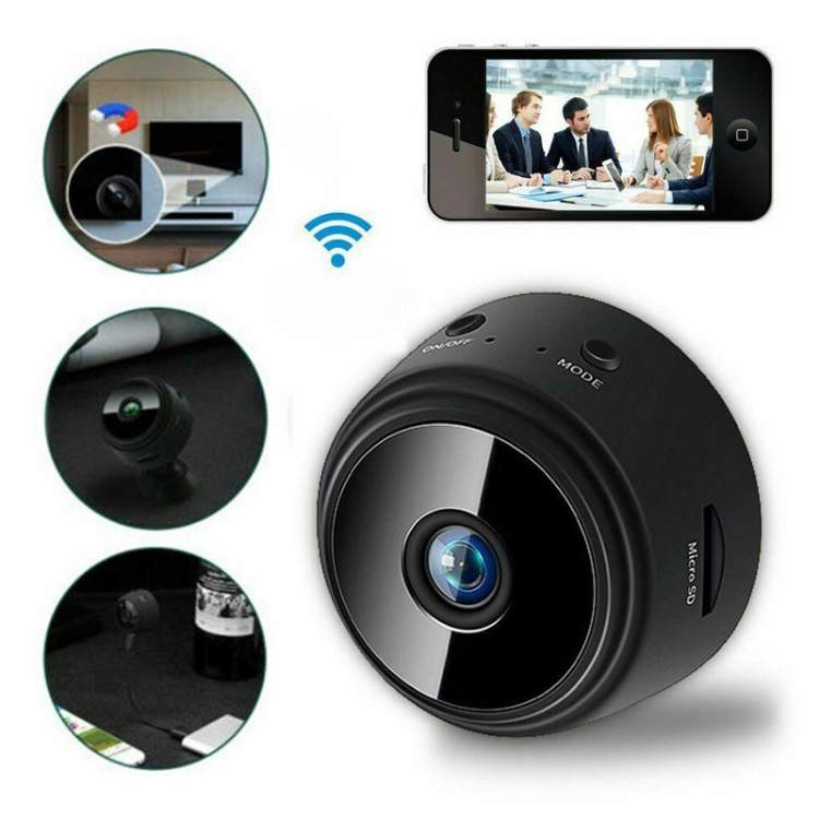 Ultra-Compact HD Security Camera with night vision, sleek mini design, 1080p resolution, 150° wide-angle, infrared LEDs.