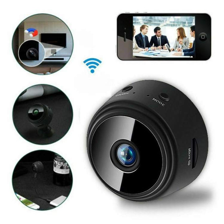 Ultra-Compact HD Security Camera with night vision, sleek mini design, 1080p resolution, 150° wide-angle, infrared LEDs.