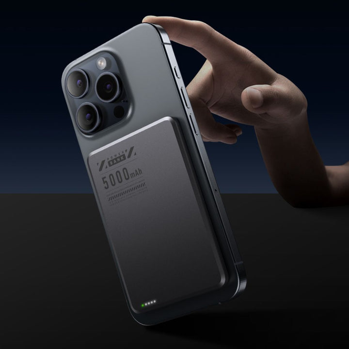 Ultra-slim aluminum power bank with sleek design, available in black, gray, or purple; ideal for portable device charging.