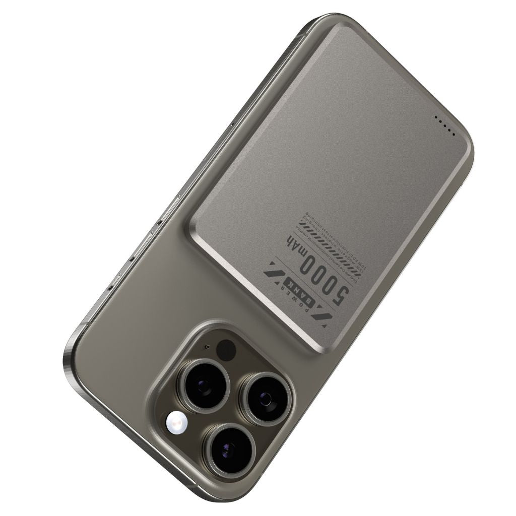 Ultra-slim aluminum power bank with sleek design, available in black, gray, or purple; ideal for portable device charging.