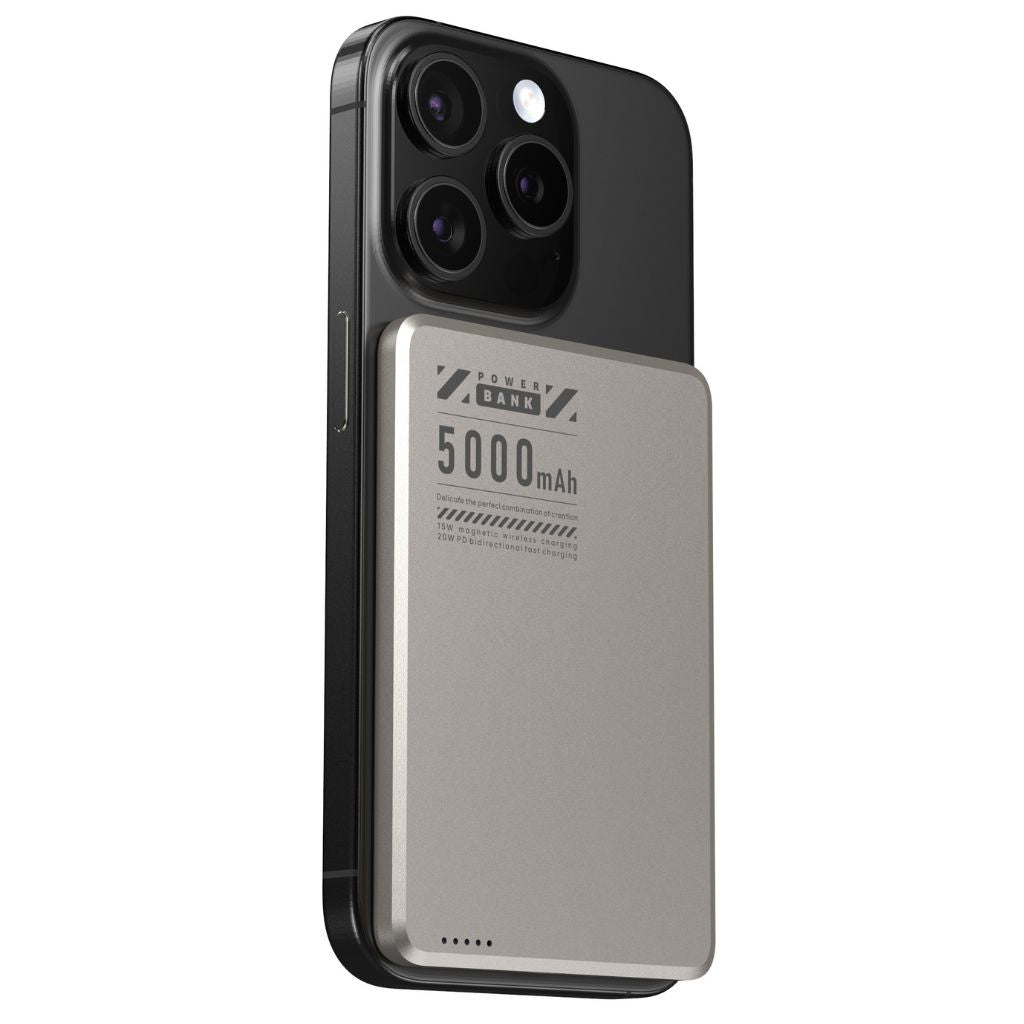 Ultra-slim aluminum power bank with sleek design, available in black, gray, or purple; ideal for portable device charging.