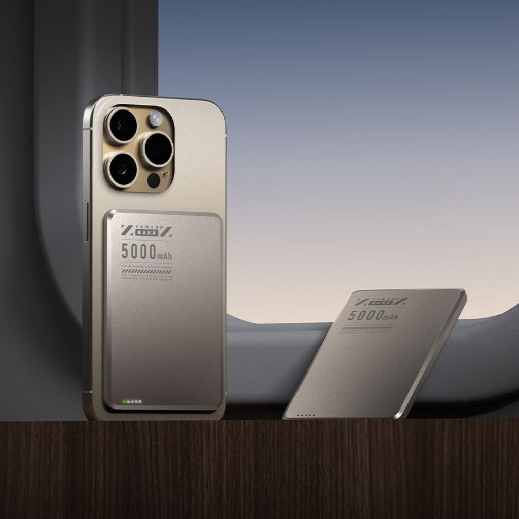 Ultra-slim aluminum power bank with sleek design, available in black, gray, or purple; ideal for portable device charging.