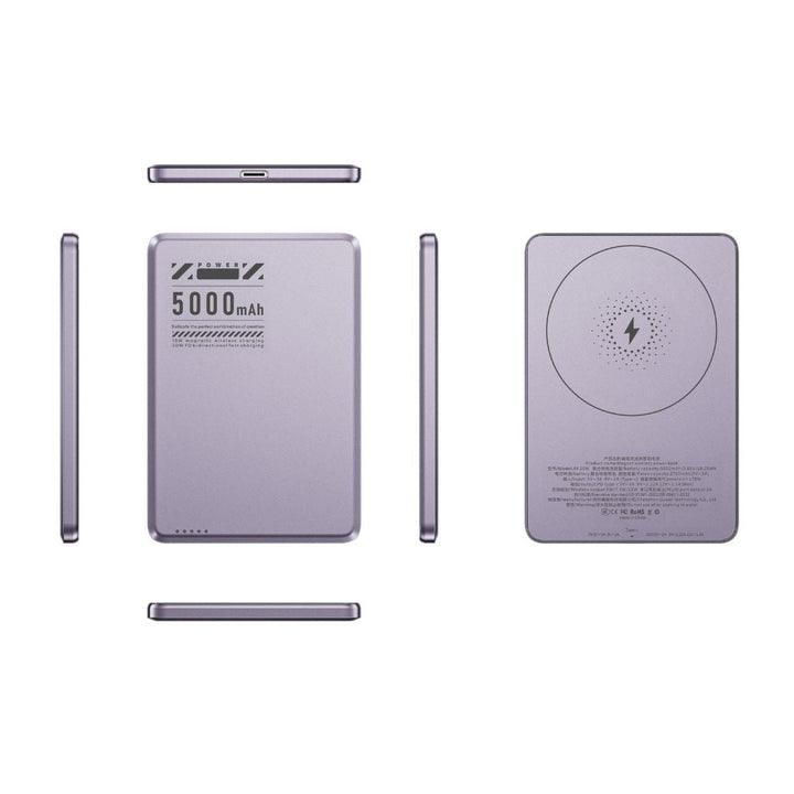 Ultra-slim aluminum power bank with sleek design, available in black, gray, or purple; ideal for portable device charging.