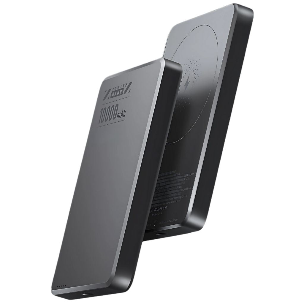 Ultra-slim aluminum power bank with sleek design, available in black, gray, or purple; ideal for portable device charging.