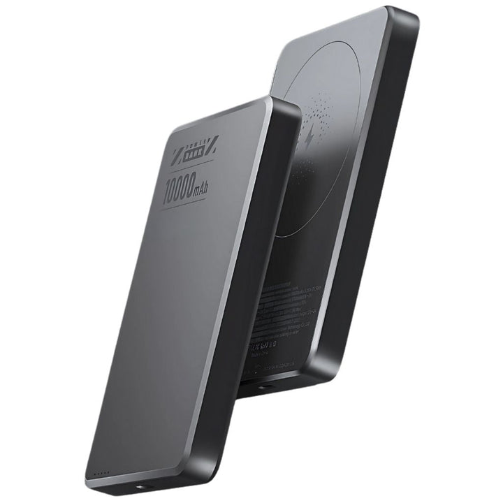 Ultra-slim aluminum power bank with sleek design, available in black, gray, or purple; ideal for portable device charging.