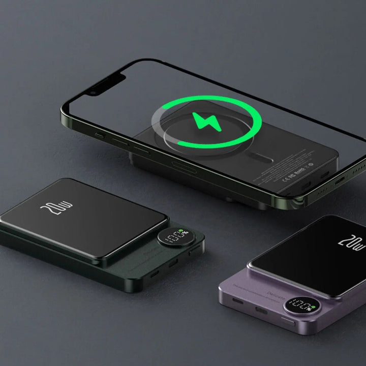 Ultra-slim magnetic wireless power bank for iPhones, 5000/10000mAh, sleek design, in Black, Green, Purple.