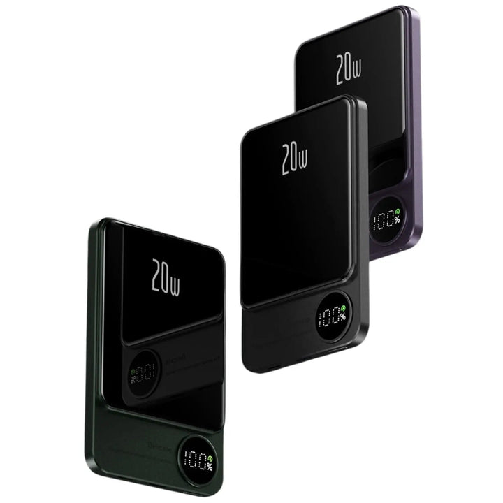 Ultra-slim magnetic wireless power bank for iPhones, 5000/10000mAh, sleek design, in Black, Green, Purple.