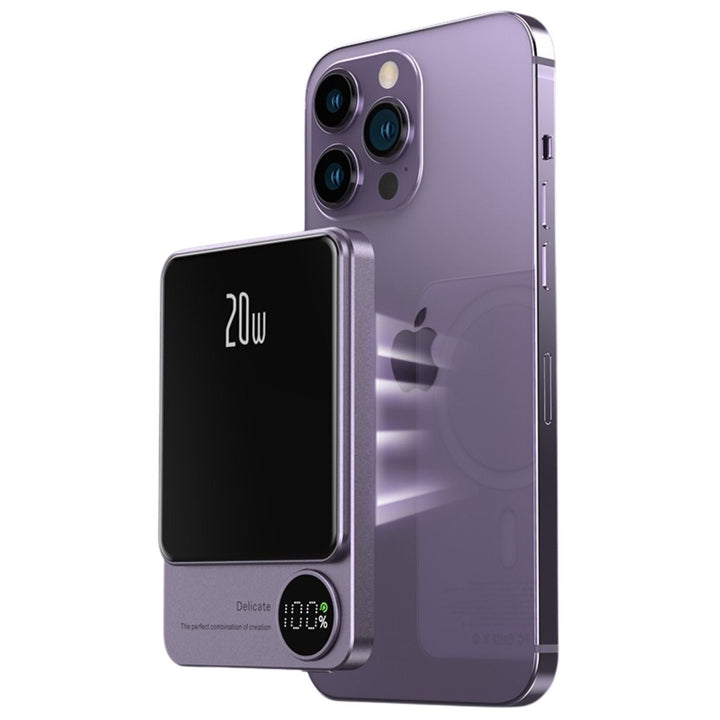 Ultra-slim magnetic wireless power bank for iPhones, 5000/10000mAh, sleek design, in Black, Green, Purple.
