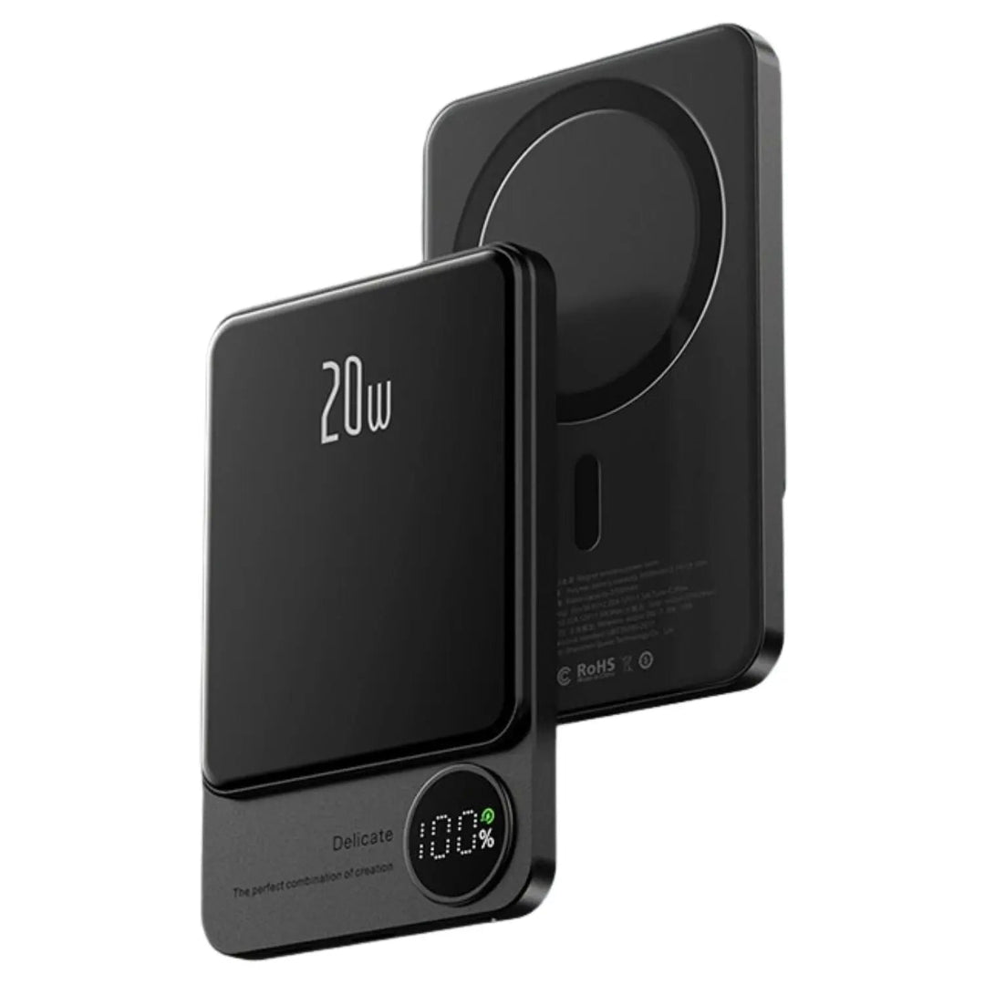 Ultra-slim magnetic wireless power bank for iPhones, 5000/10000mAh, sleek design, in Black, Green, Purple.