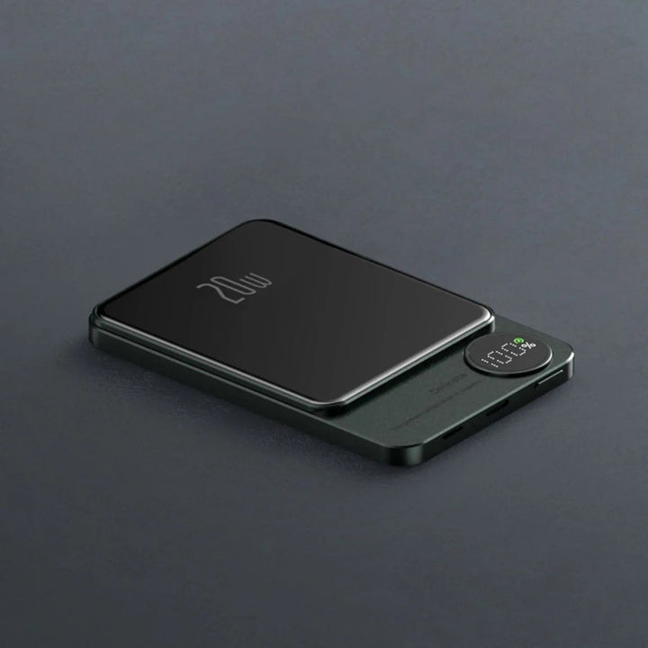 Ultra-slim magnetic wireless power bank for iPhones, 5000/10000mAh, sleek design, in Black, Green, Purple.