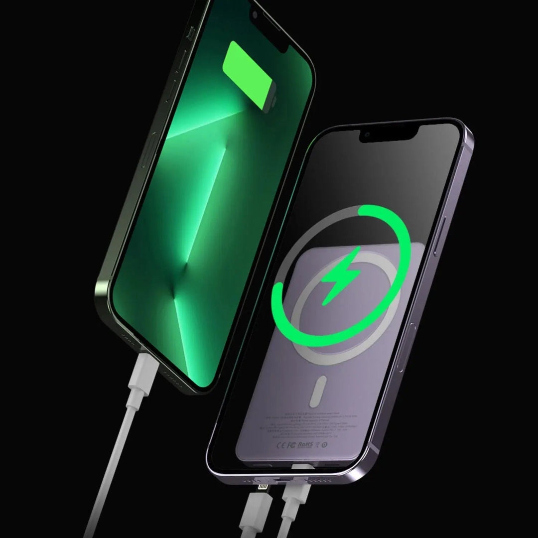 Ultra-slim magnetic wireless power bank for iPhones, 5000/10000mAh, sleek design, in Black, Green, Purple.