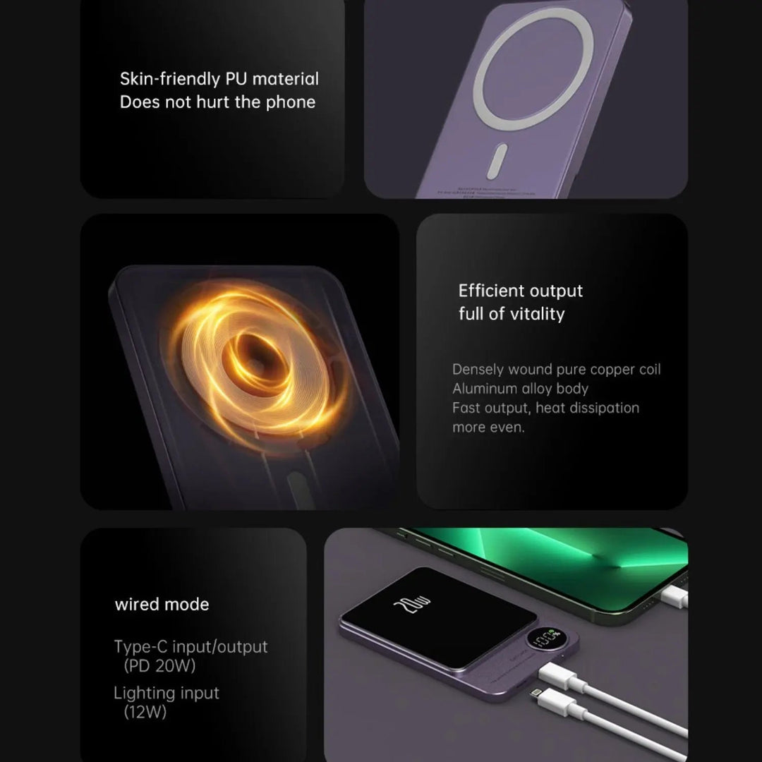 Ultra-slim magnetic wireless power bank for iPhones, 5000/10000mAh, sleek design, in Black, Green, Purple.