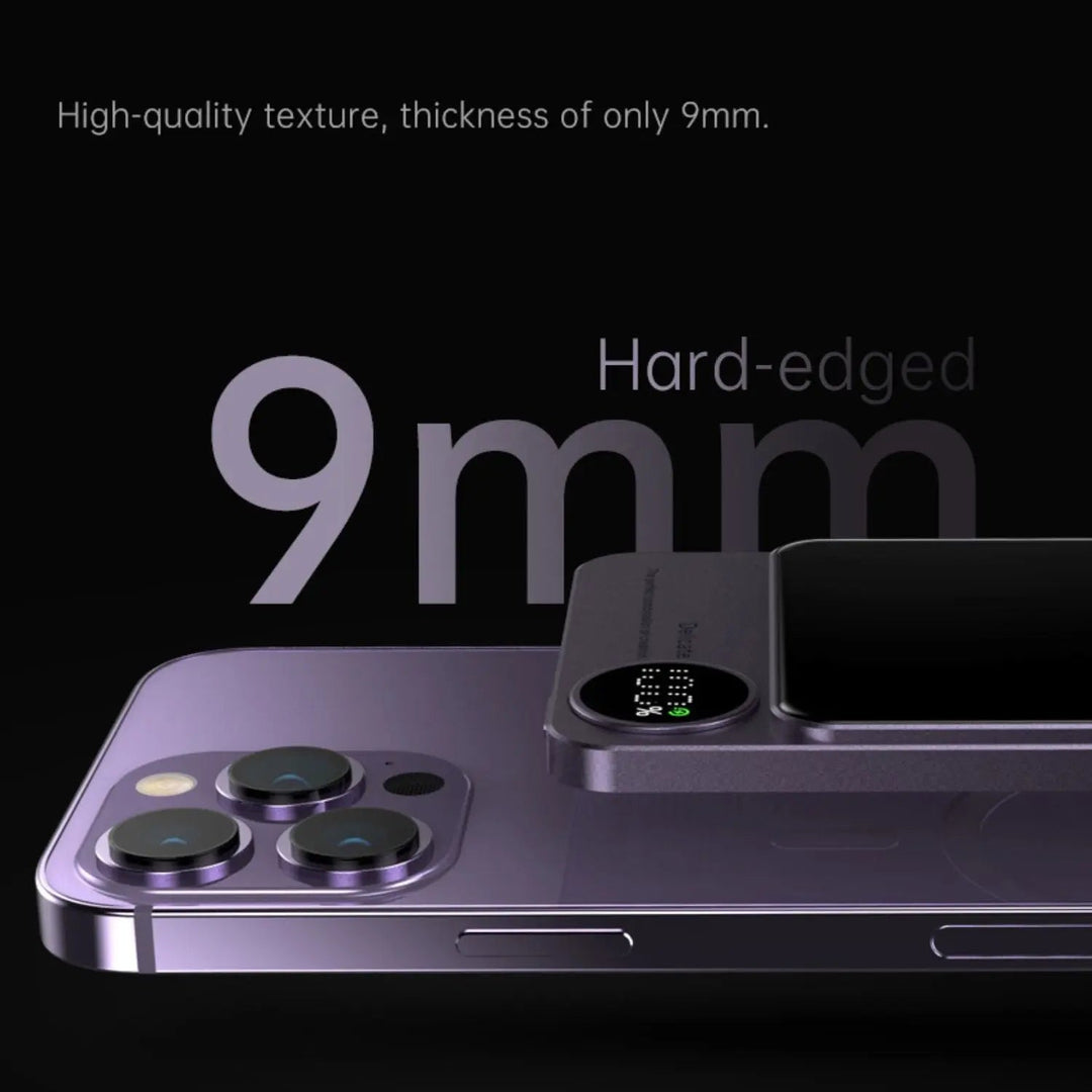 Ultra-slim magnetic wireless power bank for iPhones, 5000/10000mAh, sleek design, in Black, Green, Purple.