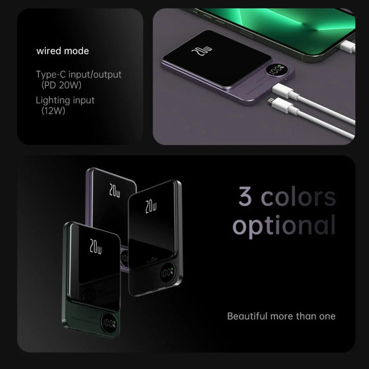 Ultra-slim magnetic wireless power bank for iPhones, 5000/10000mAh, sleek design, in Black, Green, Purple.