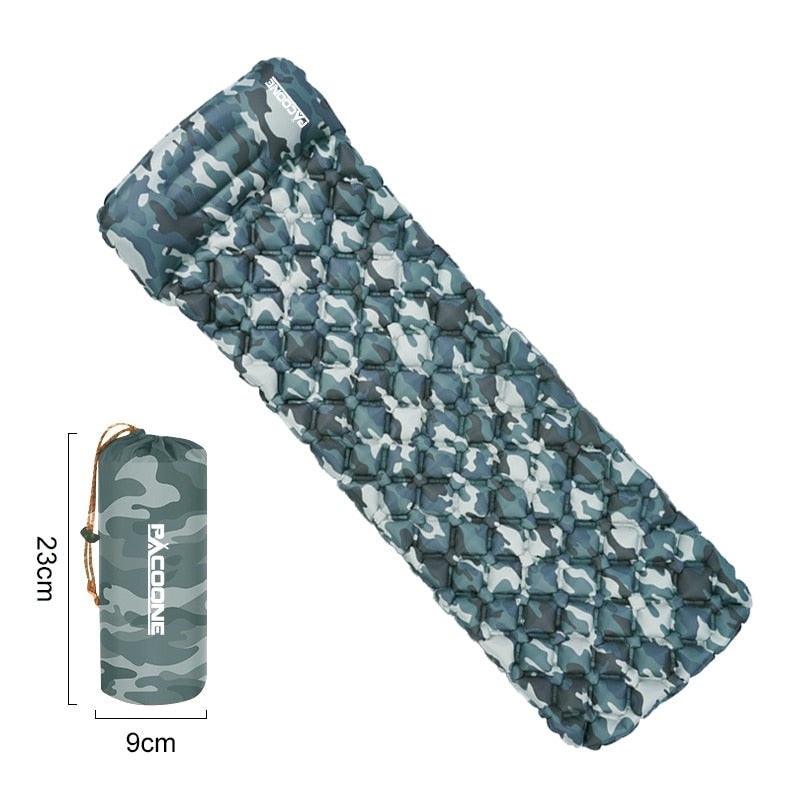 Essential ultralight waterproof sleeping pad with integrated pump for backpacking & hiking gear.