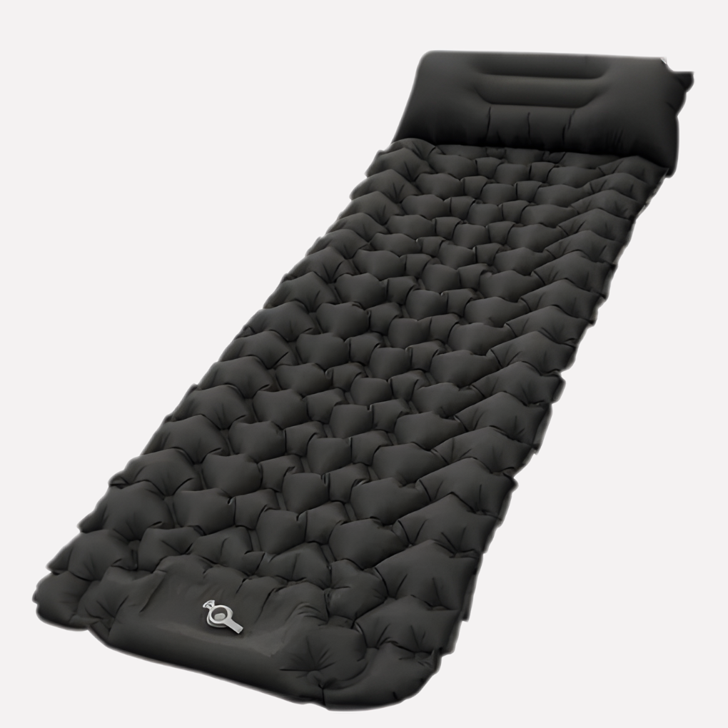 Portable outdoor sleeping pad, ideal for camping, hiking, and backpacking. Compact & easy to inflate/deflate.