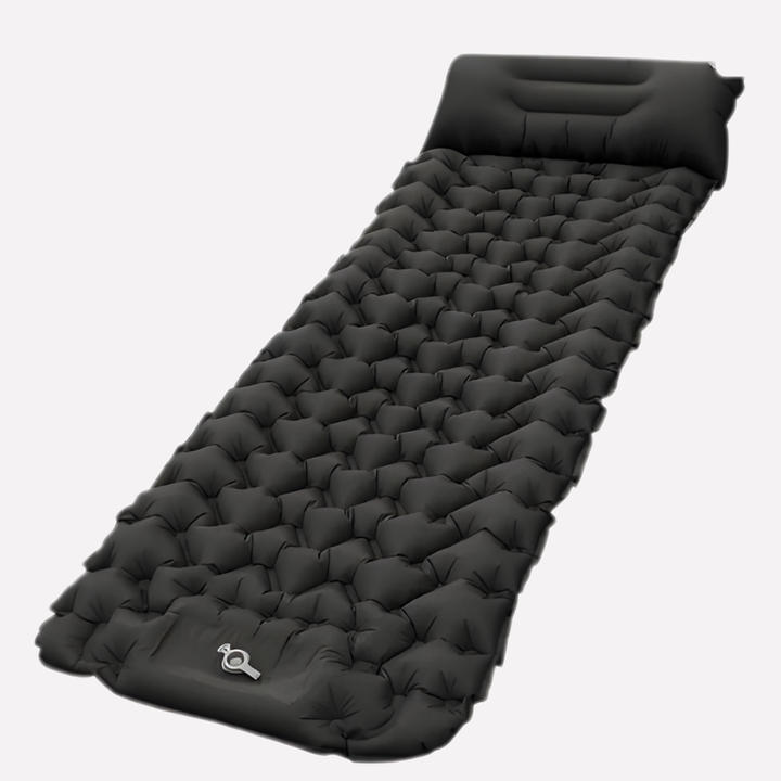 Portable outdoor sleeping pad, ideal for camping, hiking, and backpacking. Compact & easy to inflate/deflate.