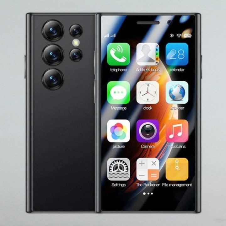 "UltraLite Compact Mini Phone, 3.0 inch HD, smooth edges, lightweight travel-friendly, with Bluetooth, sleek design."