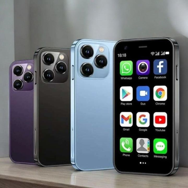 "UltraLite Compact Mini Phone, 3.0 inch HD, smooth edges, lightweight travel-friendly, with Bluetooth, sleek design."