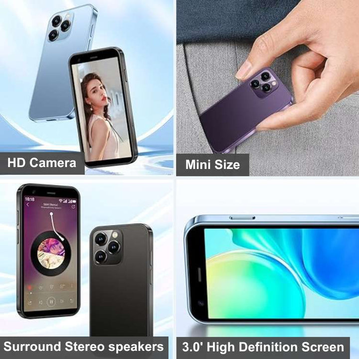 "UltraLite Compact Mini Phone, 3.0 inch HD, smooth edges, lightweight travel-friendly, with Bluetooth, sleek design."
