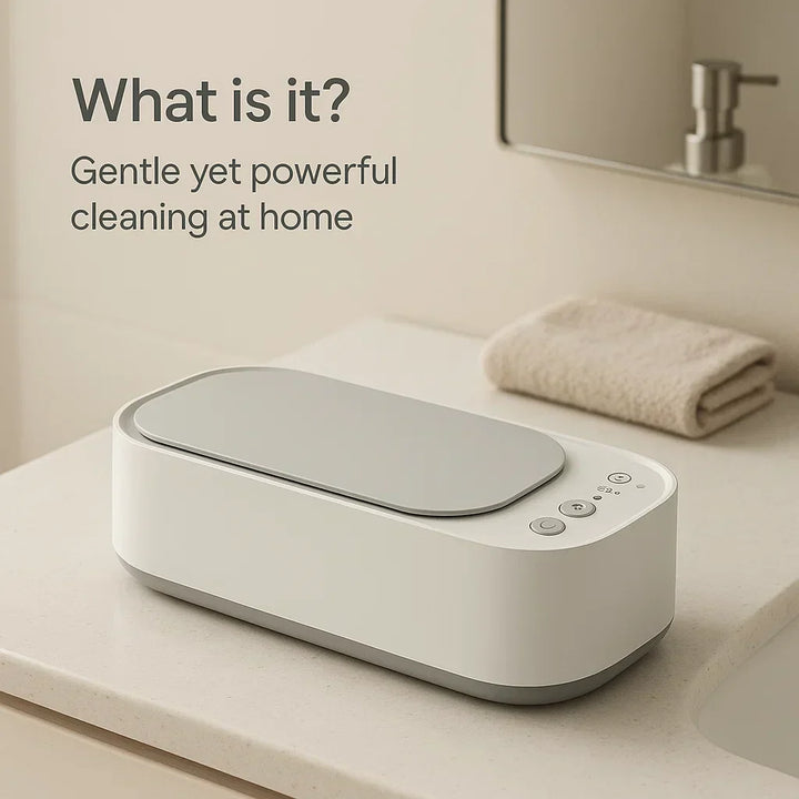 "Ultrasonic cleaning device restoring shine to jewellery, glasses, watches with advanced sound wave technology."