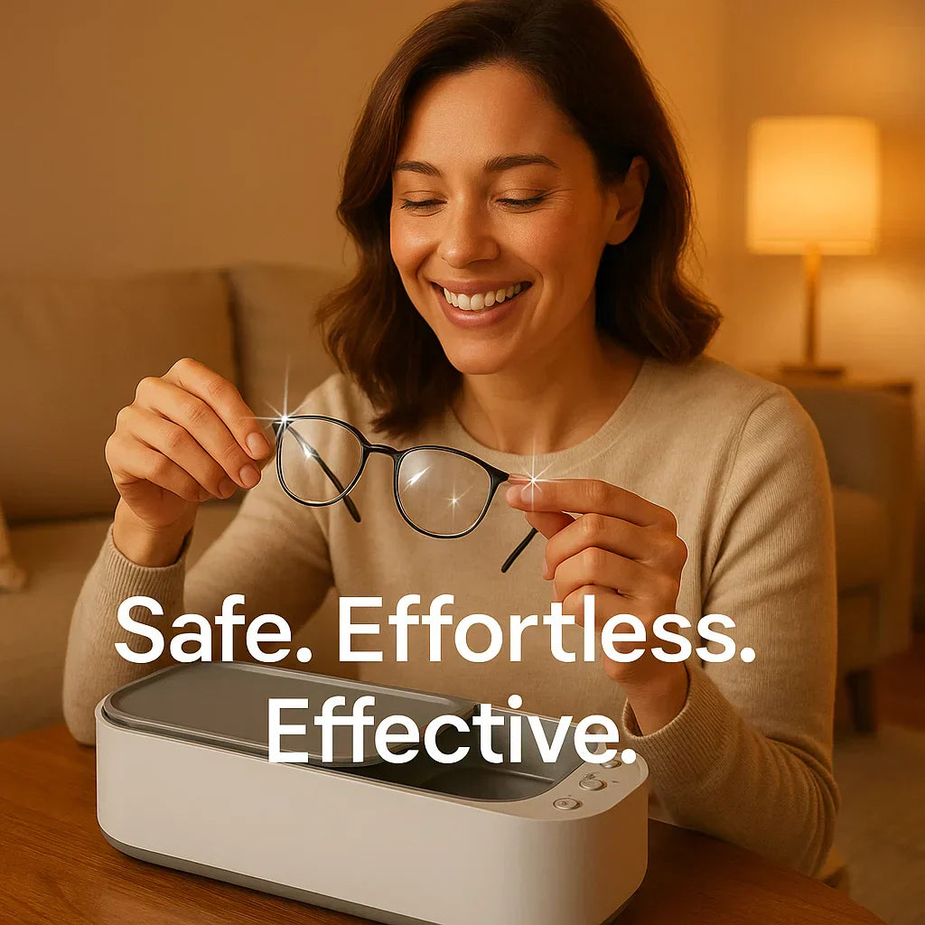 "Ultrasonic cleaning device restoring shine to jewellery, glasses, watches with advanced sound wave technology."