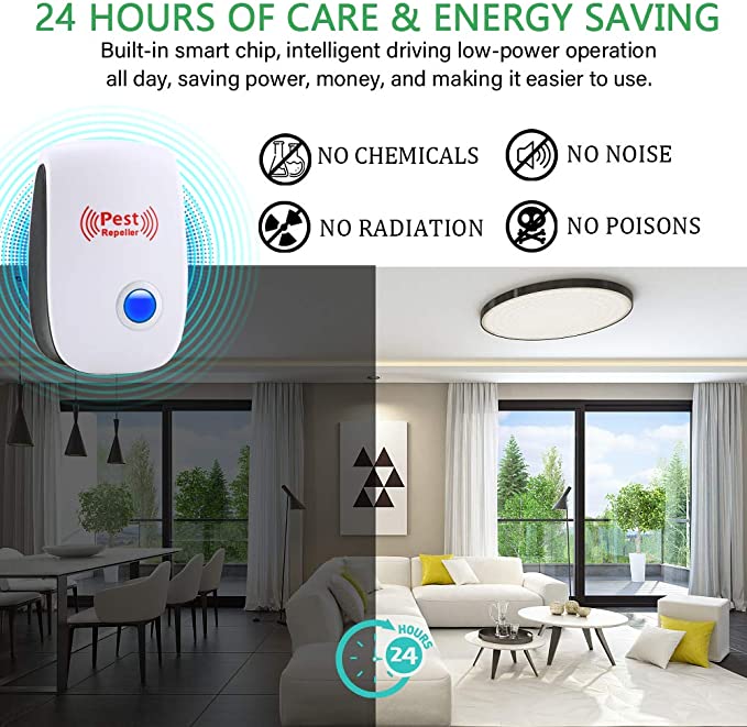 Ultrasonic Pest Repeller device in white with blue LED light, compact design, suitable for home use, safe for pets and kids.
