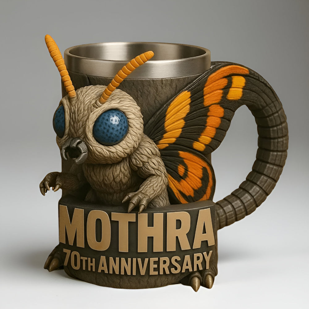 Front view of a unique 3D monster coffee mug, novelty sculpted ceramic drinkware.