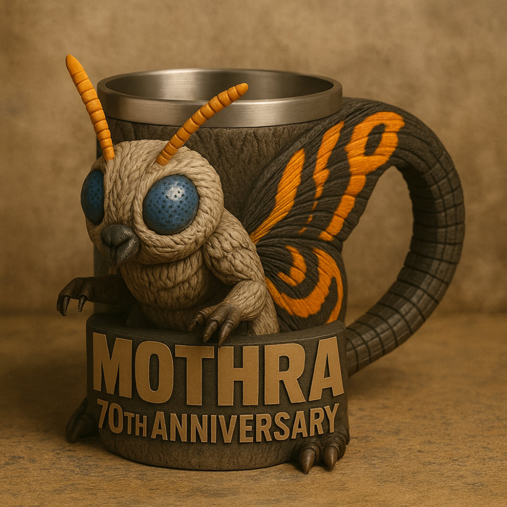 Close-up of the detailed 3D monster design on a unique ceramic coffee mug.