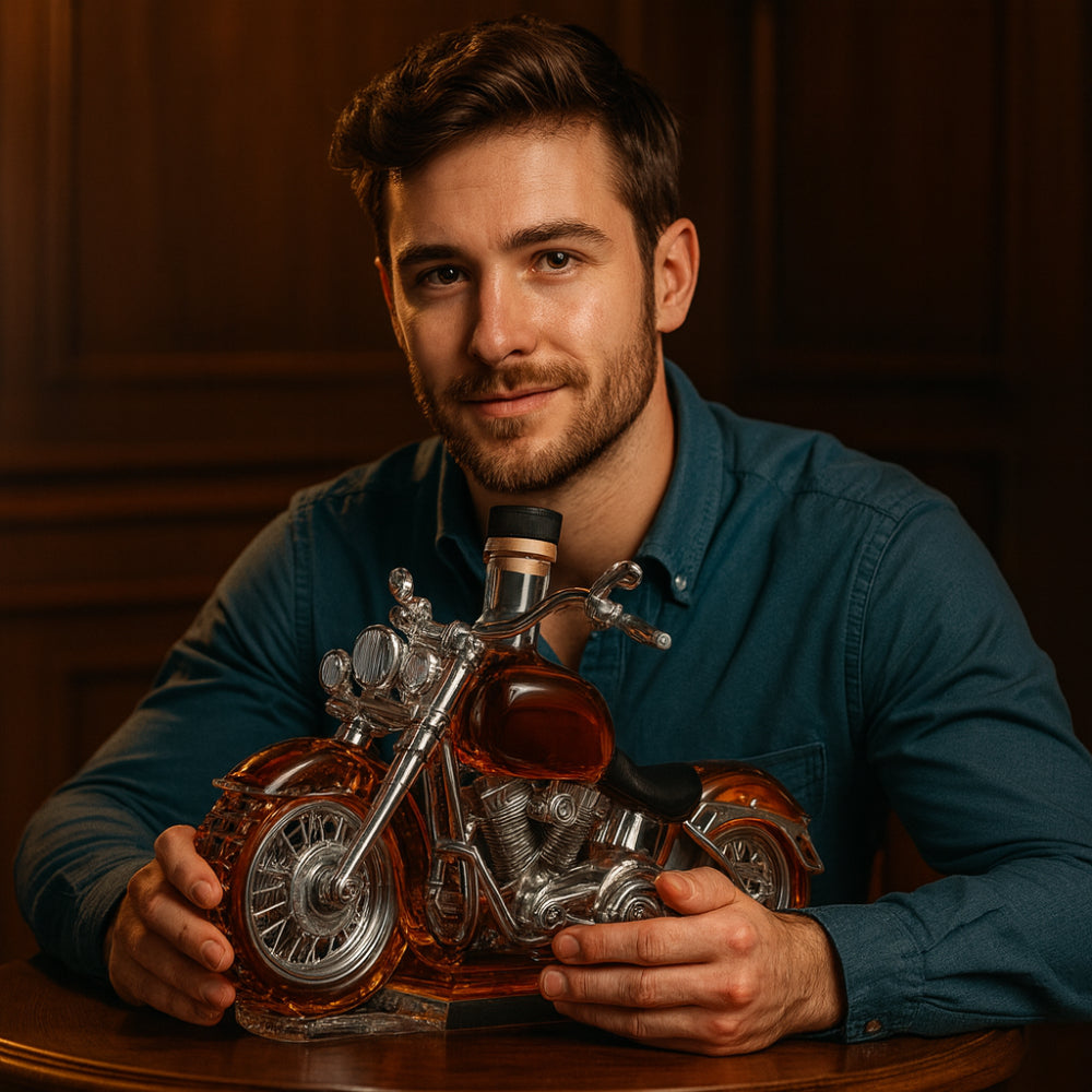 Unique motorcycle glass whiskey decanter for stylish home bar display. Perfect gift for spirits lovers.
