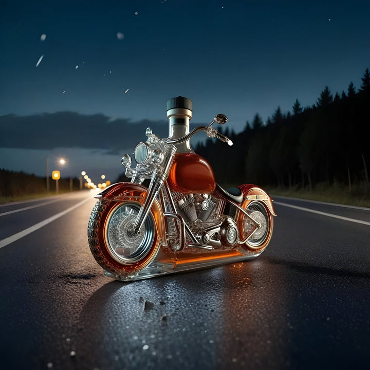 Motorcycle shaped glass whiskey decanter, ideal unique gift for men's bar or spirits collection.