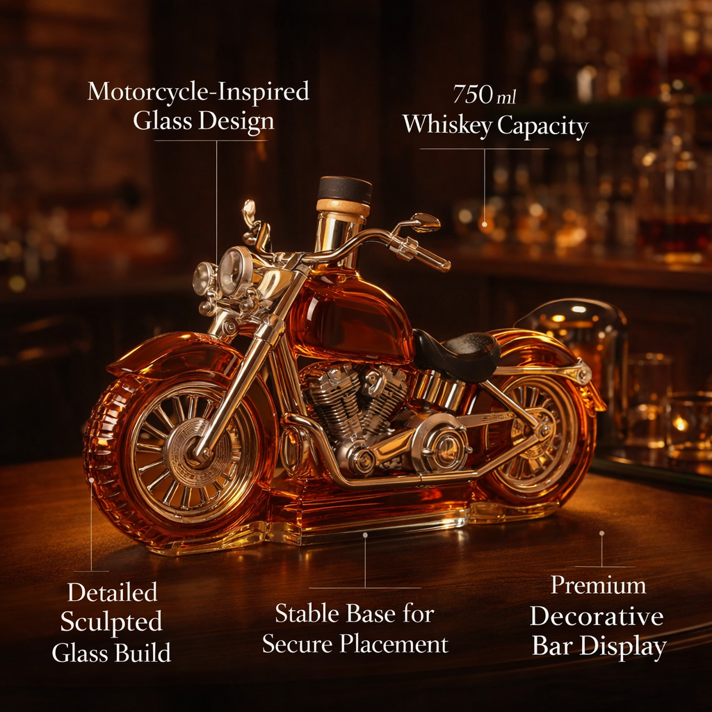 Crystal clear glass motorcycle whiskey decanter, enhancing your bar with a cool, detailed alcohol accessory.